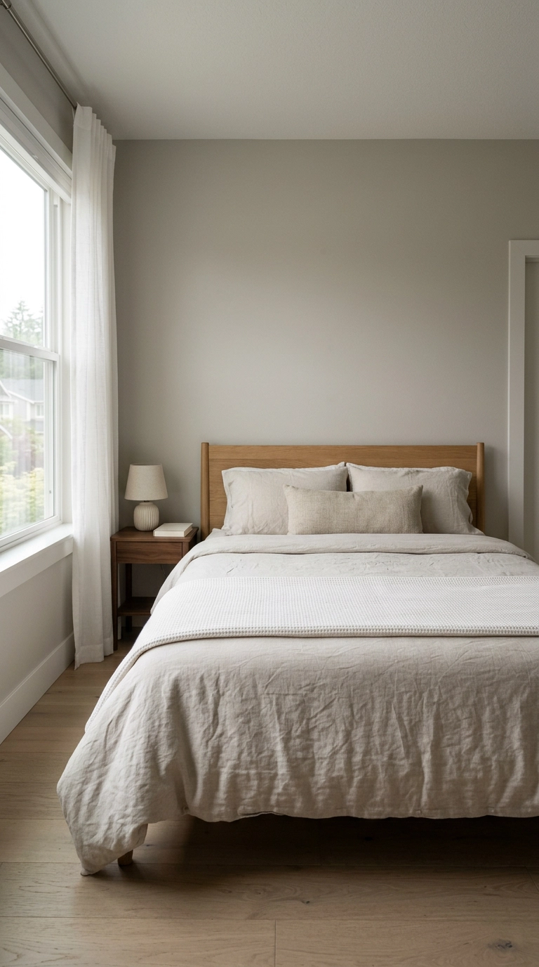 Spa bedroom with washed oat linen bedding on a low white oak bed in soft morning light