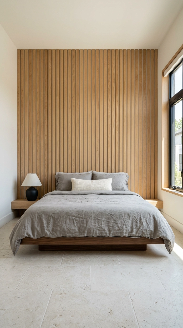 Vertical white oak slat wall behind a low walnut bed in a spa bedroom