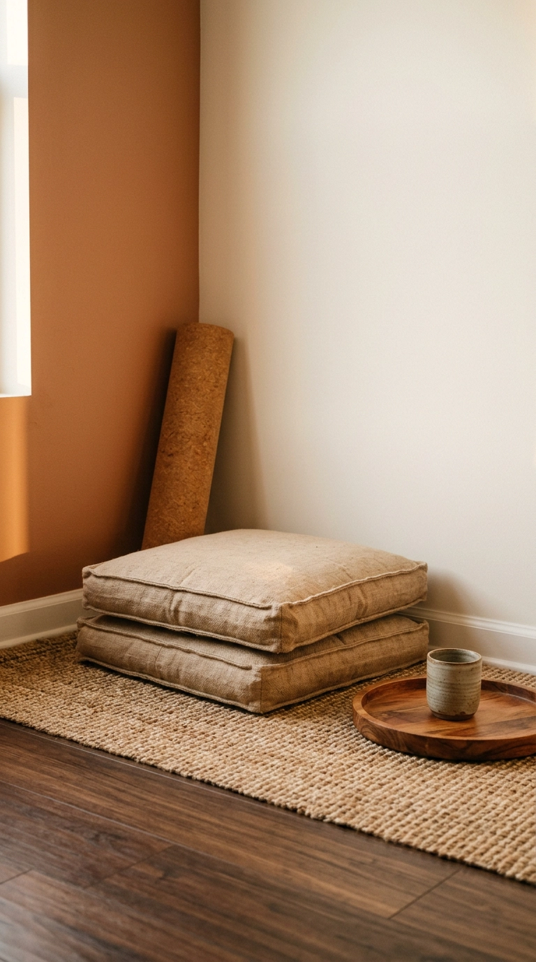 Hemp floor cushions and a rolled cork mat in a spa bedroom stretching corner