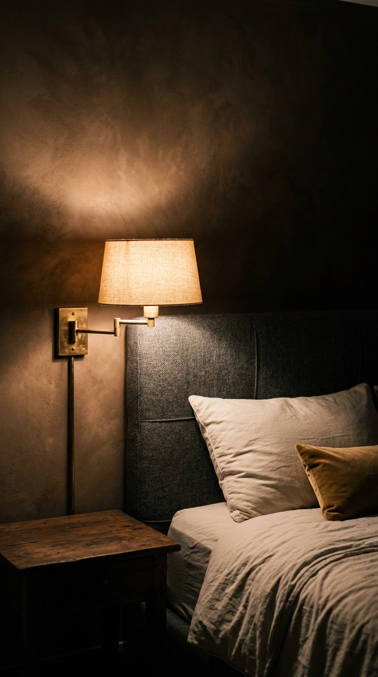 Brass swing-arm sconce glowing above a charcoal headboard in a spa bedroom