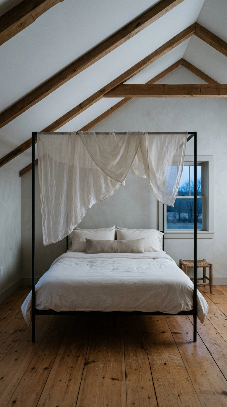 Sheer ivory linen canopy draped over a black four-poster bed in a spa bedroom