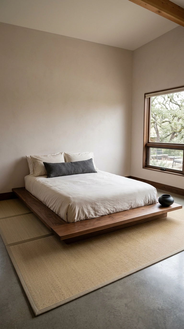 Very low walnut platform bed in a spa bedroom with pale mushroom plaster walls