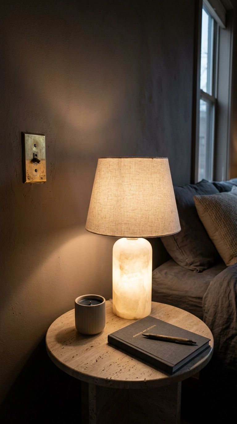 Spa bedroom nightstand with an alabaster lamp on a dimmer glowing warmly at dusk