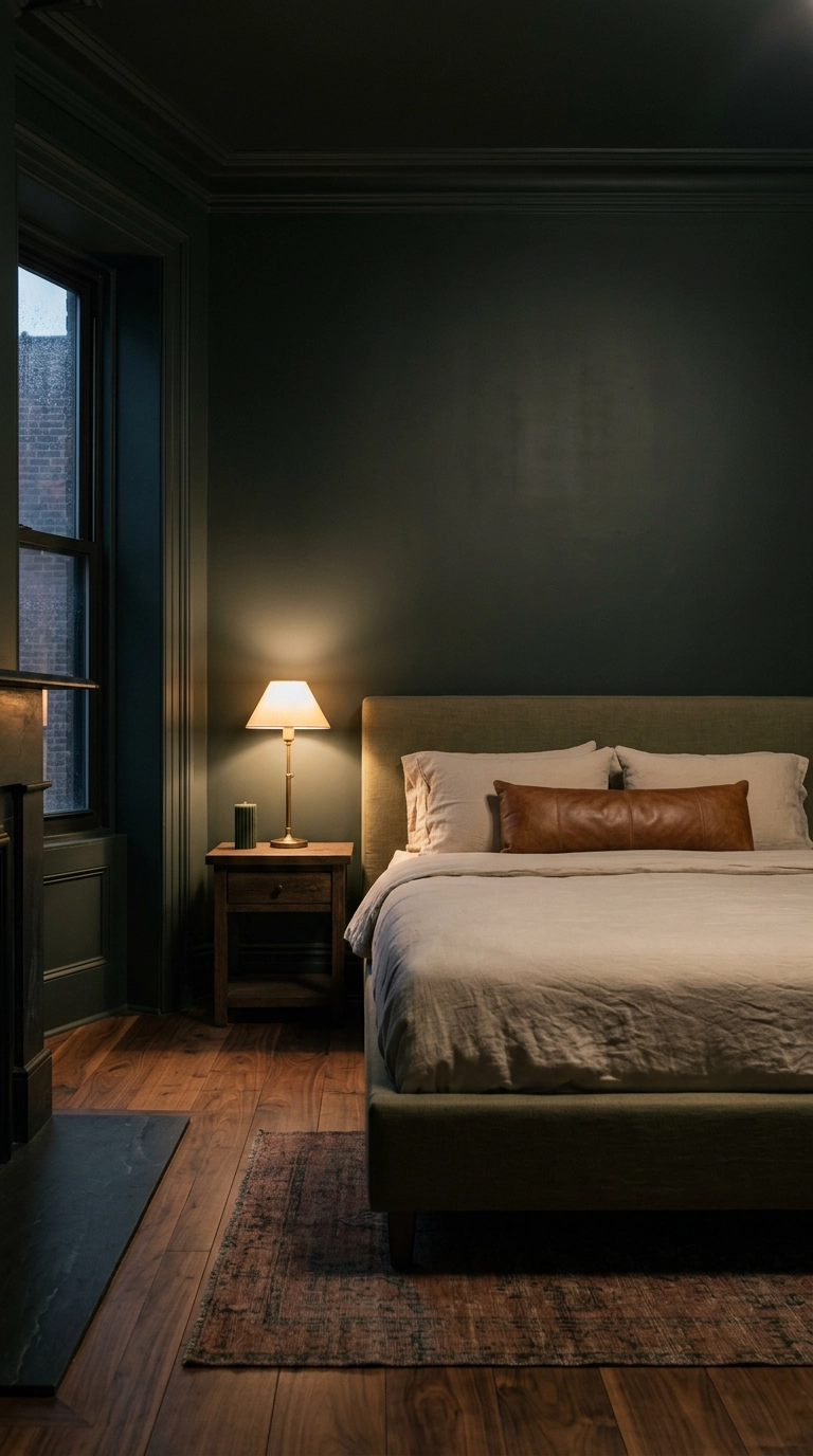 Spa bedroom drenched in deep charcoal green with a single warm brass lamp at dusk