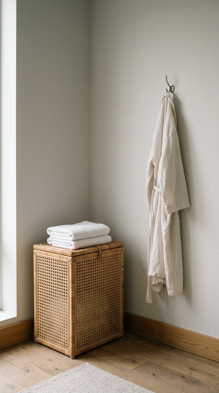 Lidded rattan hamper and a linen robe on a hook in a spa bedroom corner