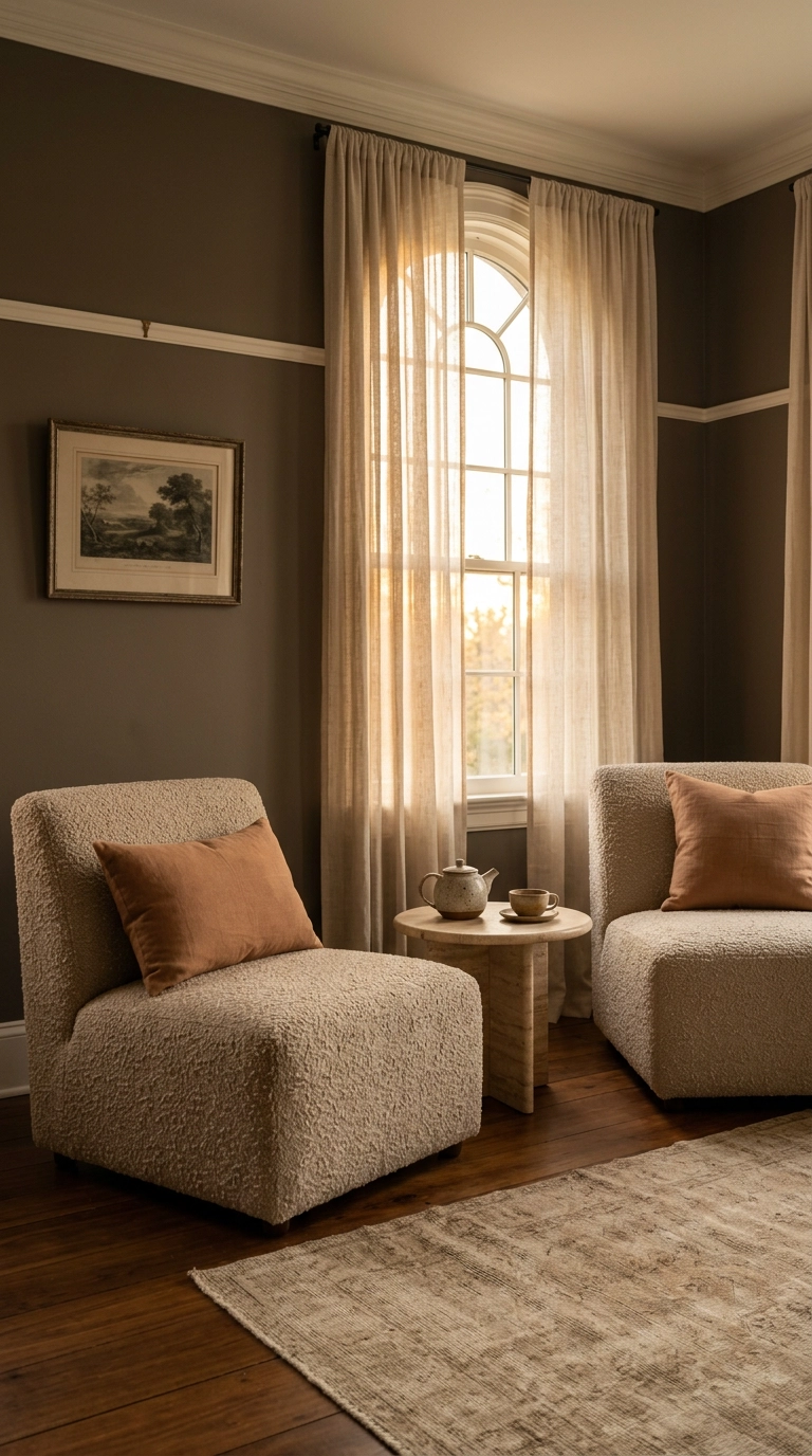 Two boucle chairs and a travertine table in a spa bedroom tea corner at golden hour