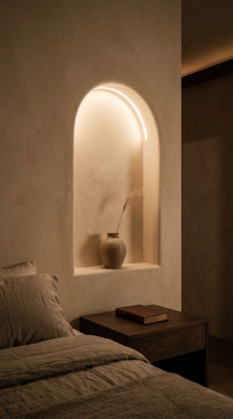 Arched plaster niche with hidden warm lighting above a spa bedroom nightstand
