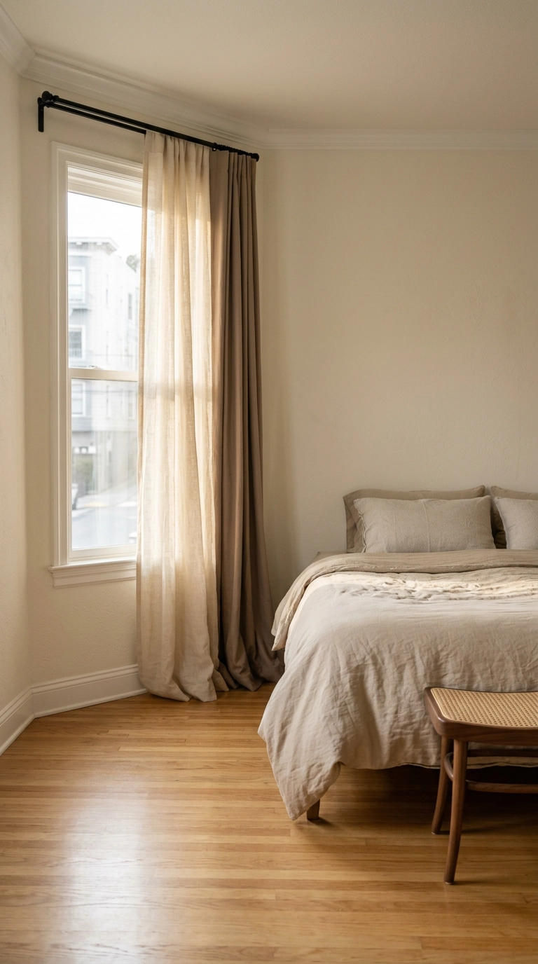 Spa bedroom window with a sheer ivory linen panel layered over a clay blackout curtain