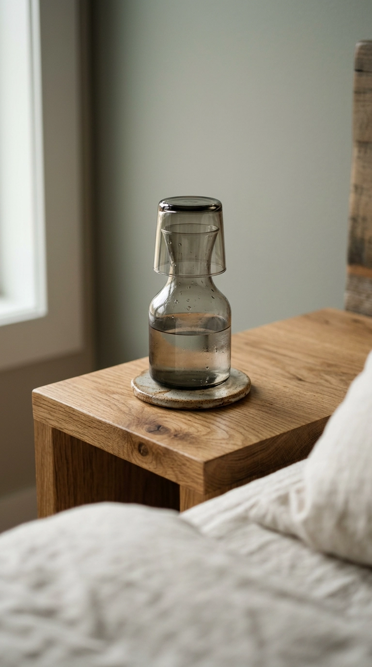 Smoked glass water carafe and tumbler on an oak spa bedroom nightstand