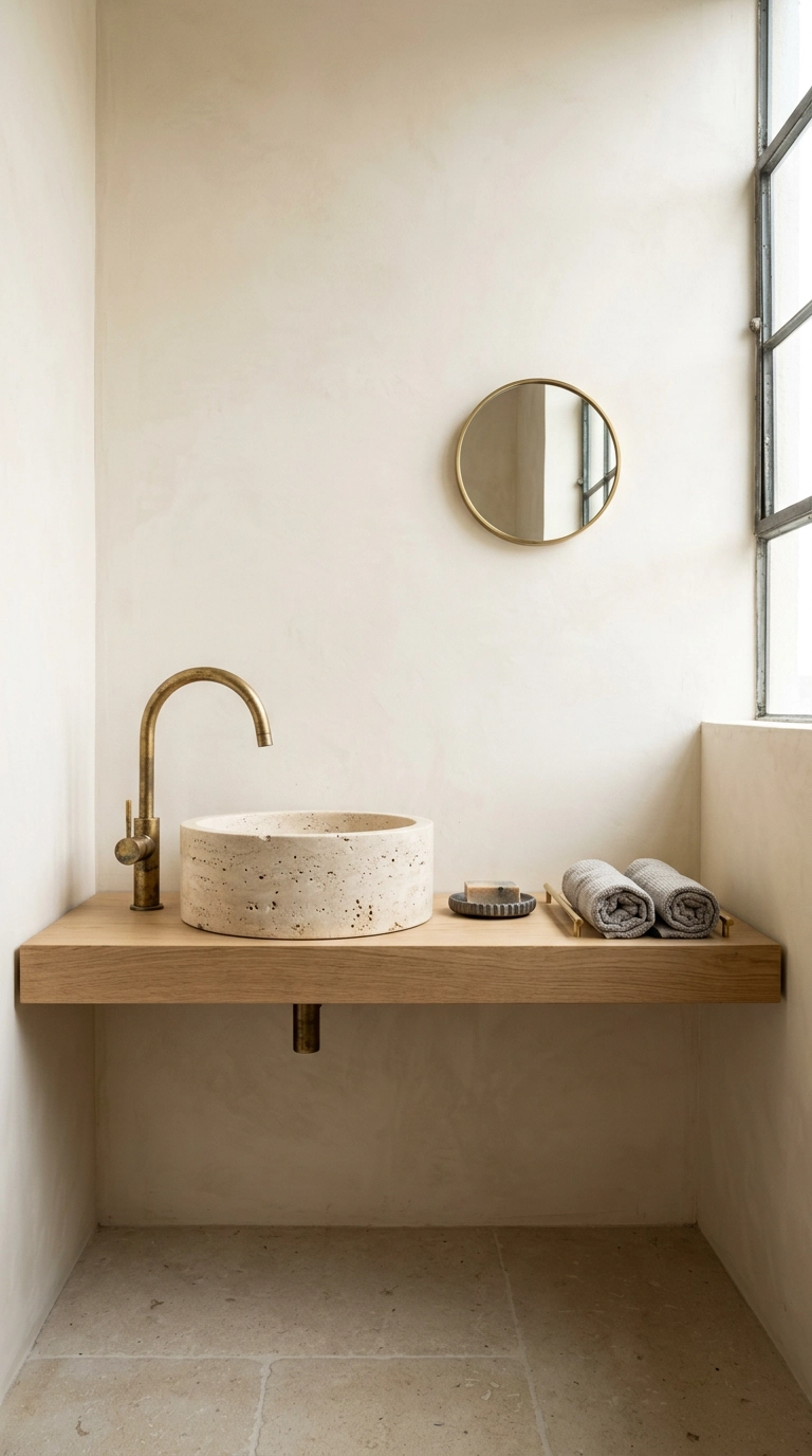 Travertine vessel basin on an oak shelf with a brass faucet in a spa bedroom corner