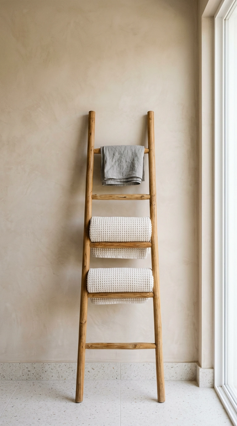 Leaning teak ladder holding rolled waffle towels in a spa bedroom