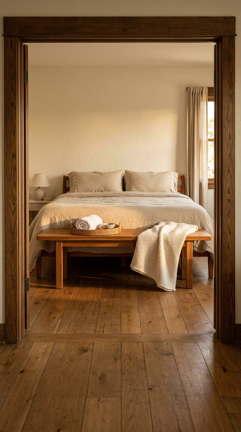 Teak bench at the foot of a spa bedroom bed with a folded waffle throw in golden light