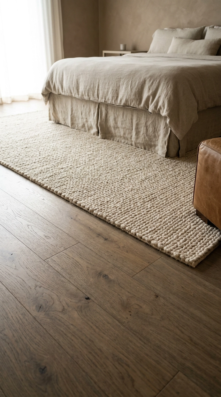 Thick oatmeal wool rug running well past the bed in a spa bedroom