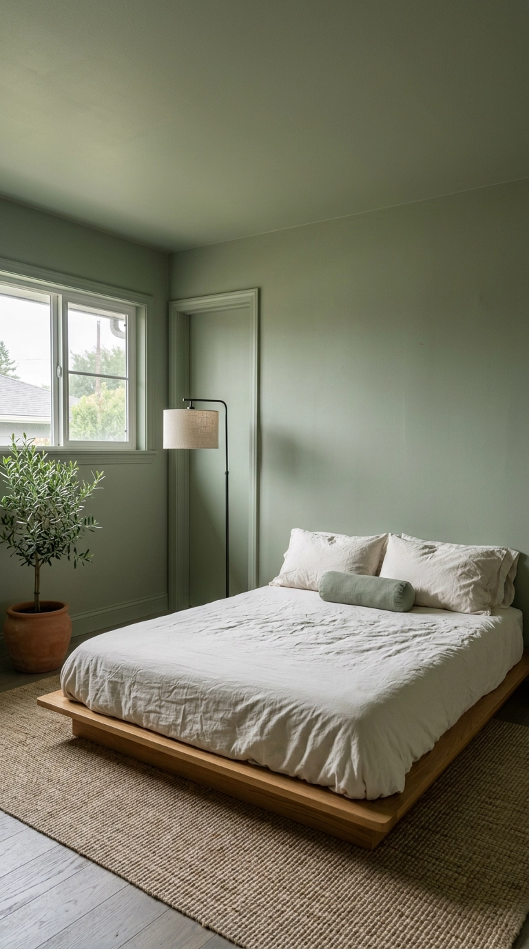 Spa bedroom with walls, trim and ceiling color drenched in muted sage green
