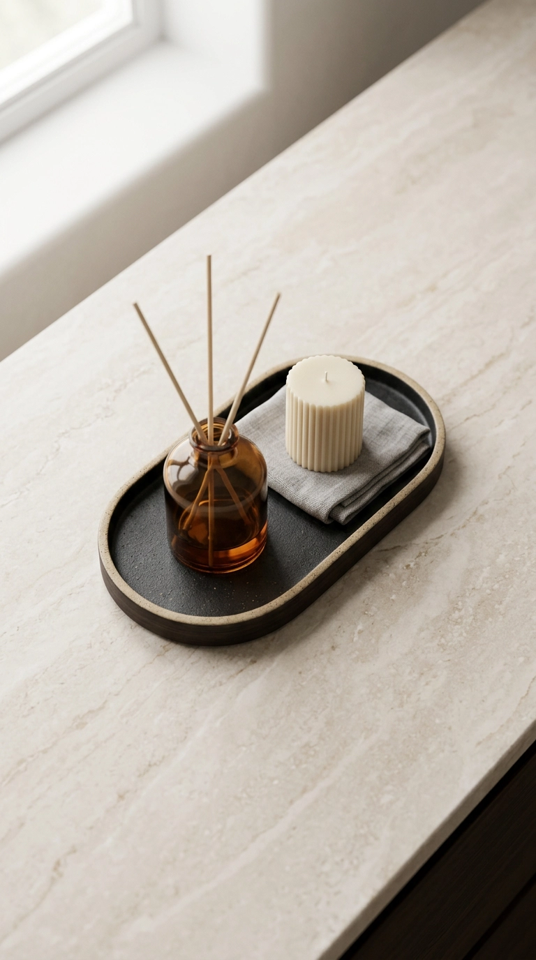 Overhead spa bedroom tray with a reed diffuser, candle and folded linen cloth