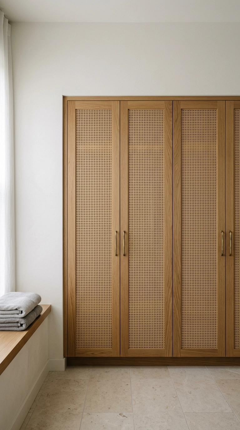 Spa bedroom wardrobe with cane webbing doors framed in white oak