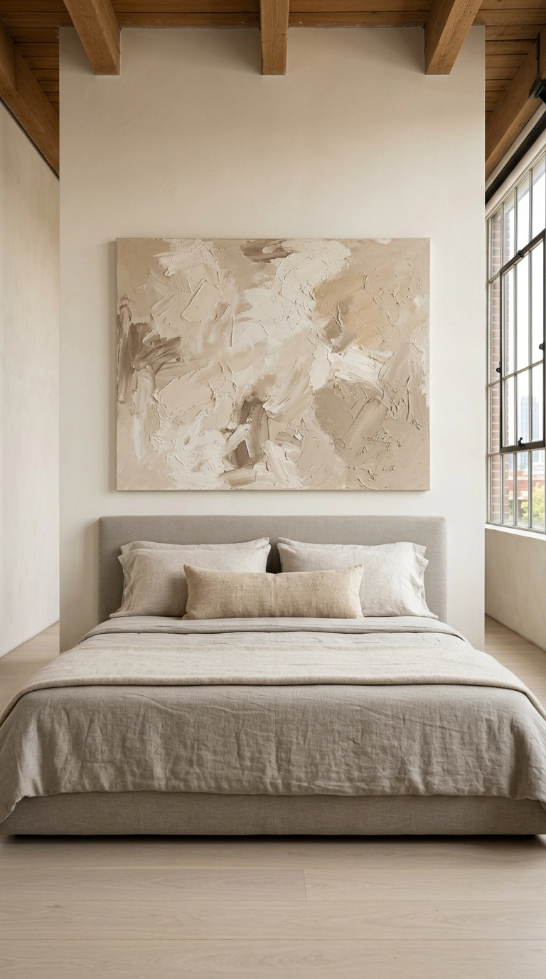 Oversized soft abstract canvas hung low above a linen bed in a spa bedroom