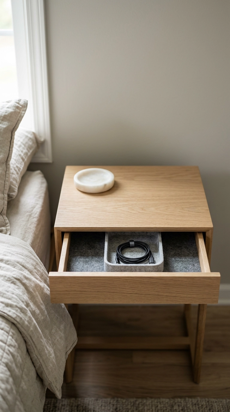 Open spa bedroom nightstand drawer with a coiled charging cable in a felt tray