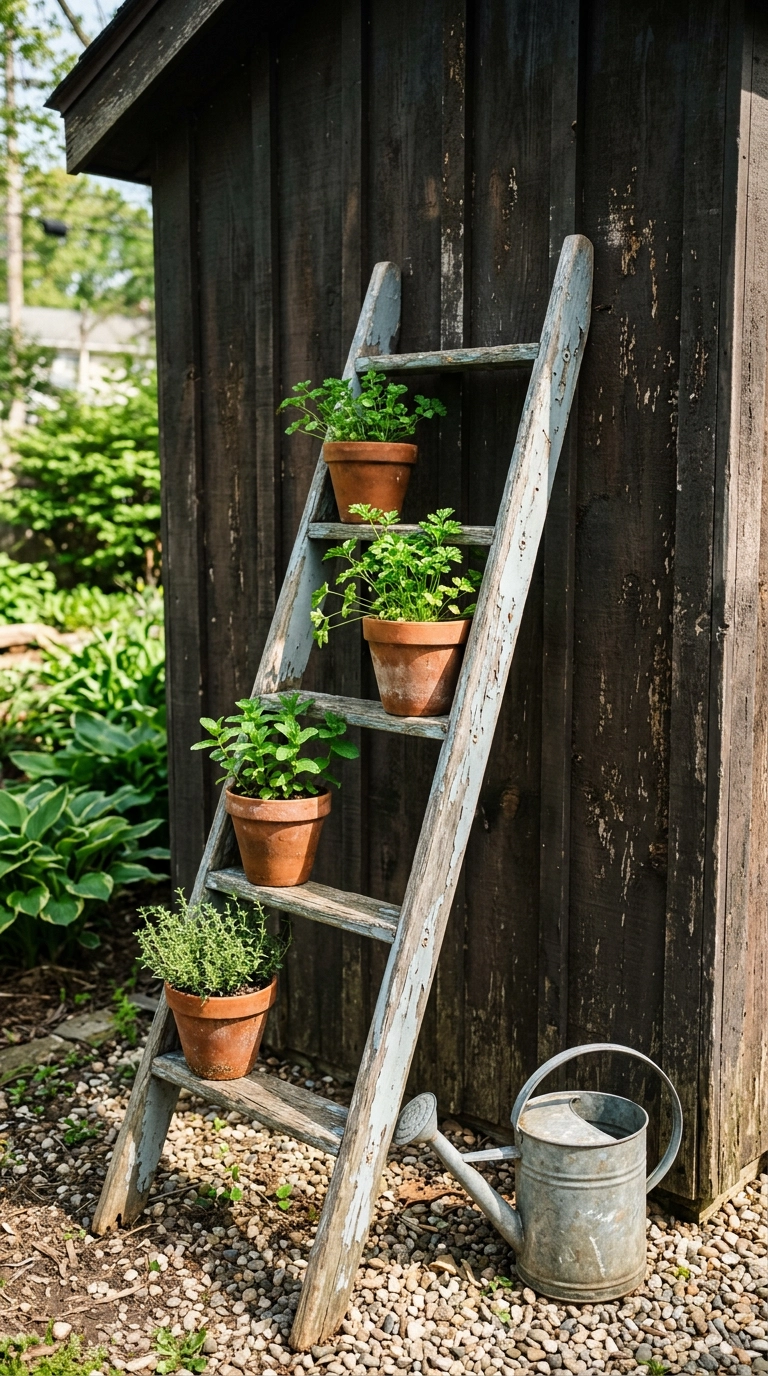 Weathered blue-grey ladder leaned against a shed holding small clay pots of spring herbs