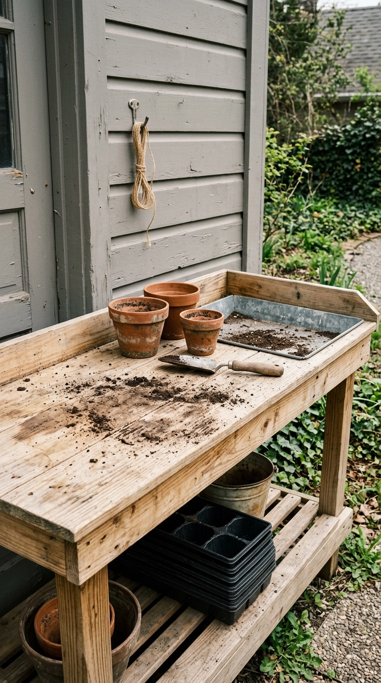 Simple pine potting bench with galvanized tray and clay pots against a grey garage wall