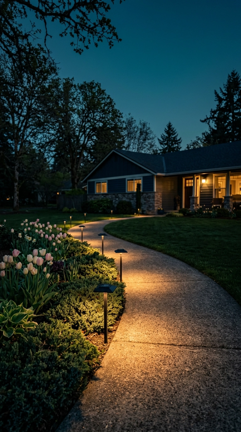 Matte black solar path lights spaced along one side of a curved front walkway at dusk