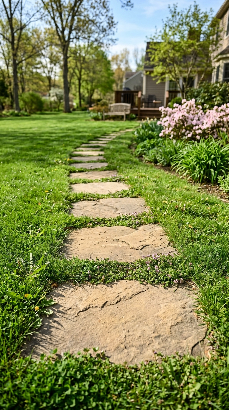 Buff flagstone stepping stones set flush in spring lawn with creeping thyme in the gaps