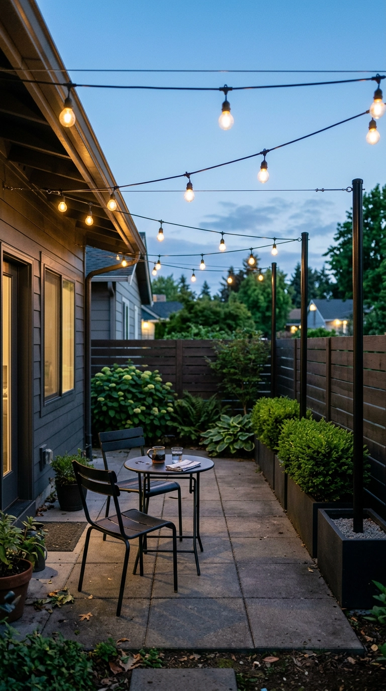 Warm string lights strung overhead in straight runs above a small paver patio at dusk
