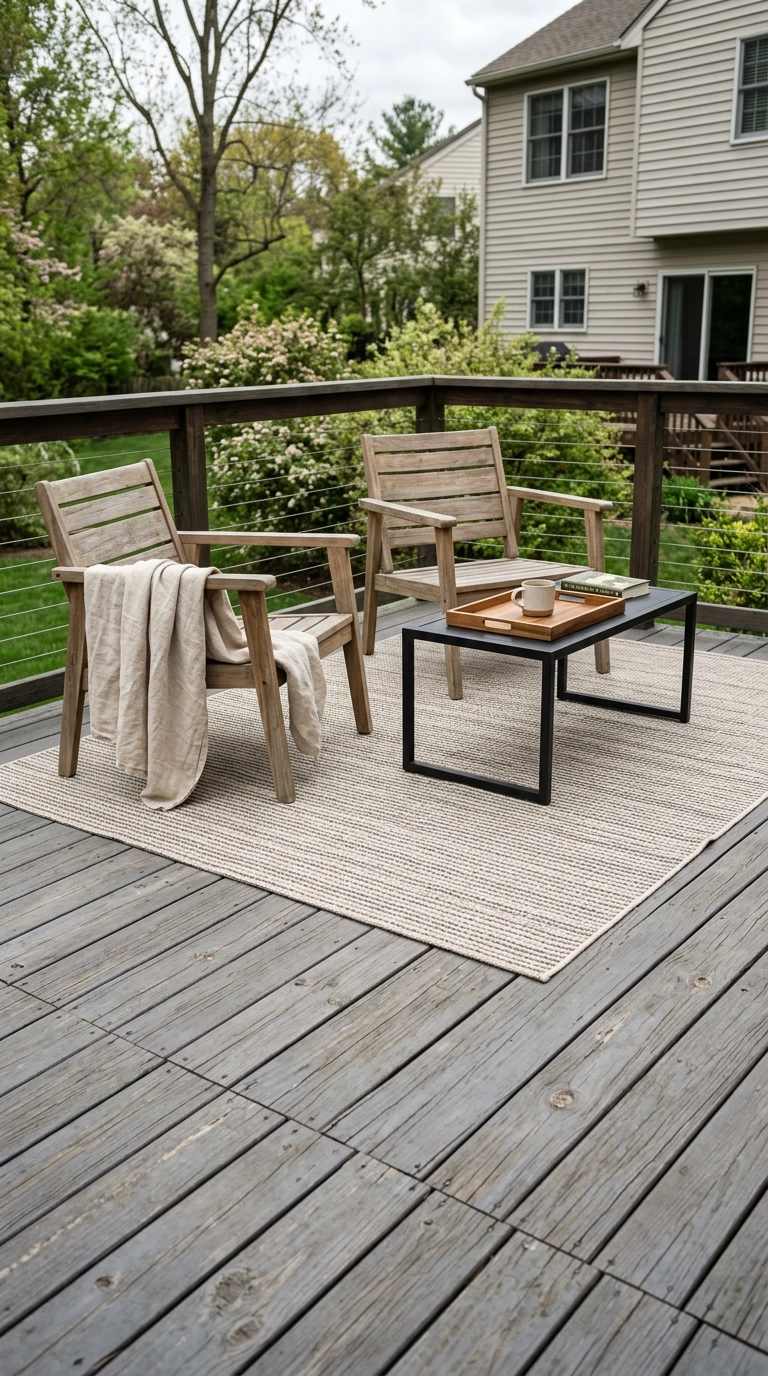Striped outdoor rug defining a seating area with teak chairs on a grey stained deck