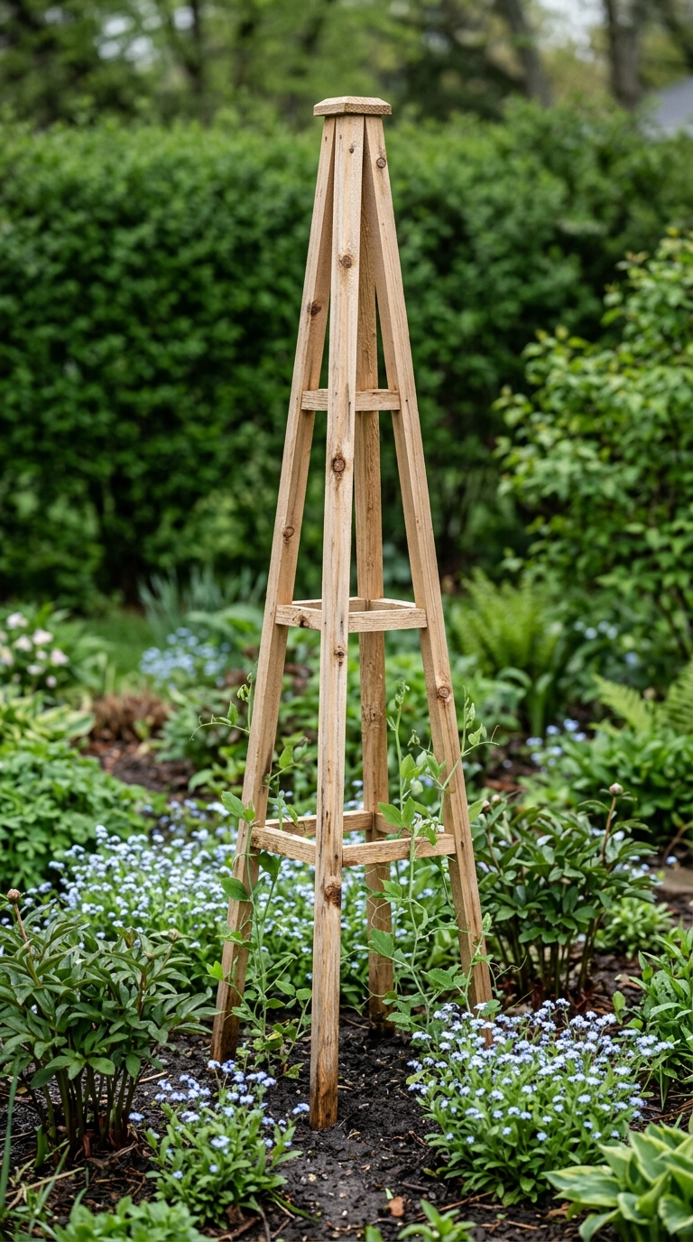 Tall cedar obelisk trellis standing in a spring cottage border with climbing vines starting