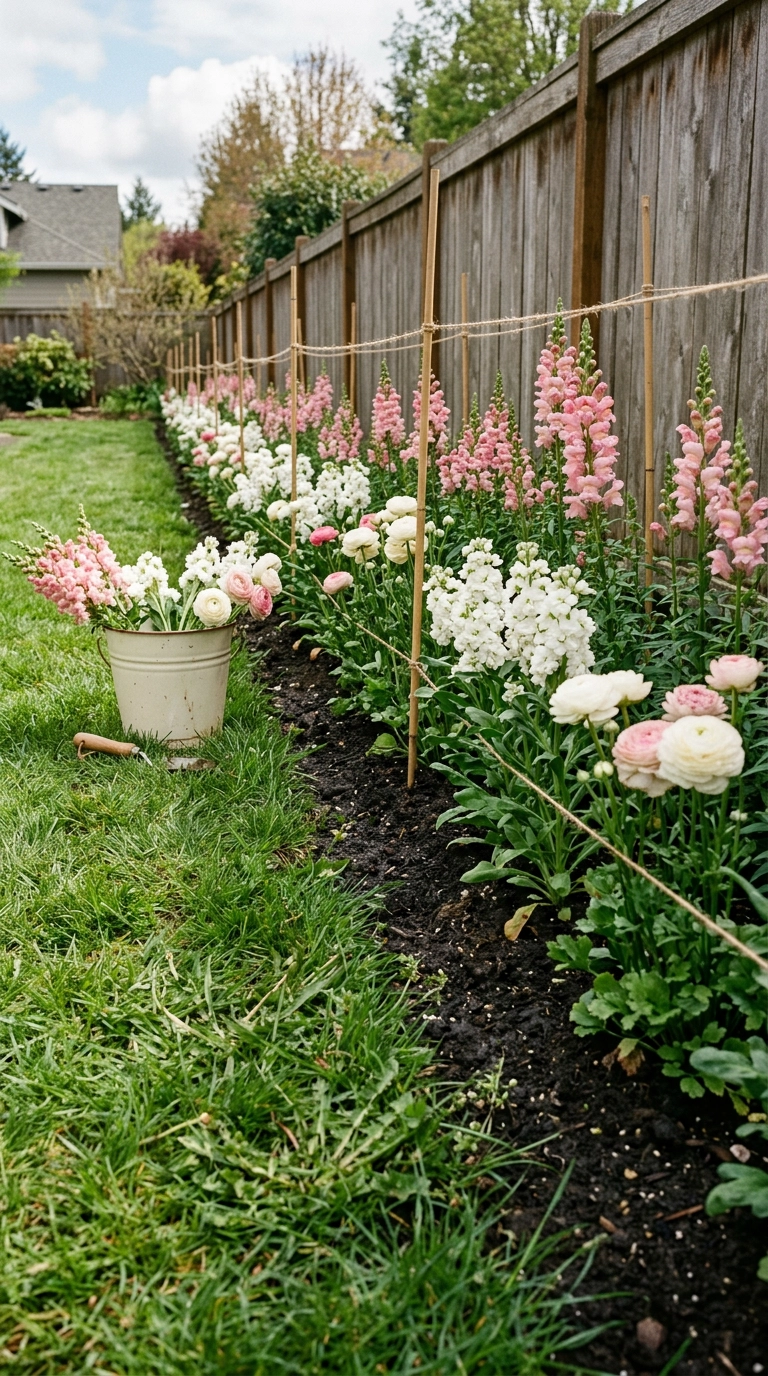 Straight row of pink and white spring cutting flowers growing along a cedar fence with a bucket of stems