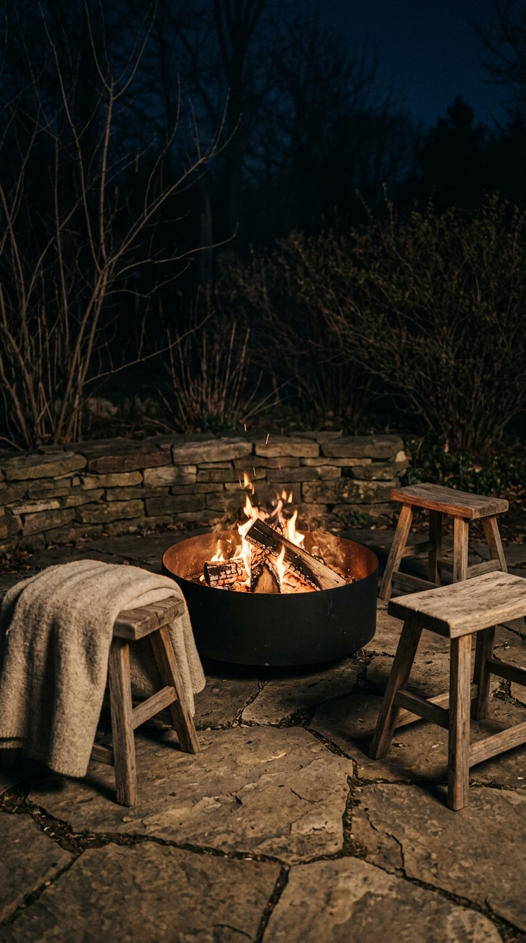 Black steel fire bowl with a low flame and three oak stools on flagstone on a cold spring night