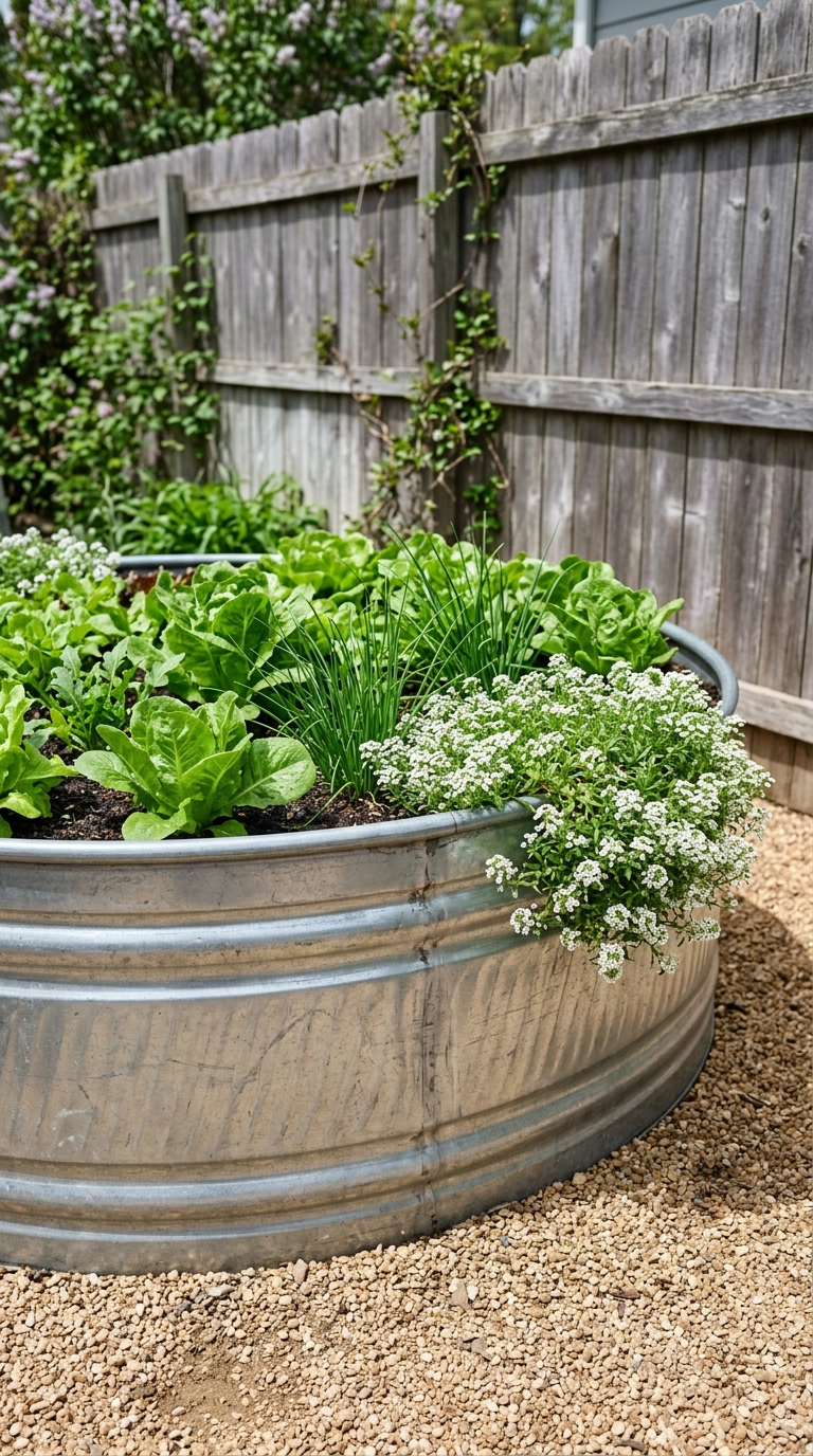 Round galvanized stock tank used as a spring raised bed planted with lettuce and herbs