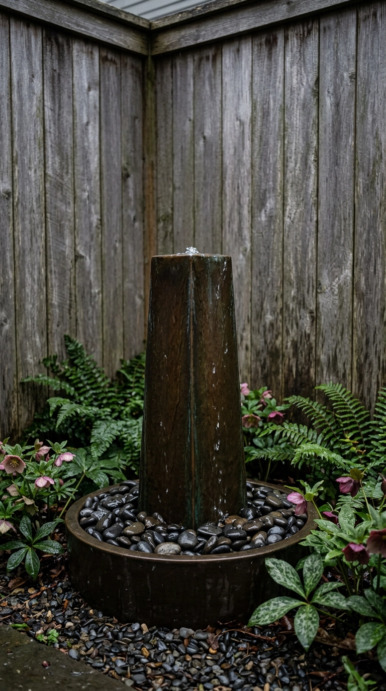 Small bronze column fountain with water sheeting into a stone basin in a shaded spring garden