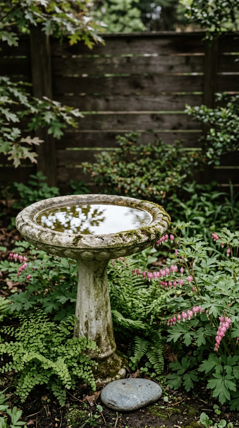 Weathered stone birdbath with still water surrounded by ferns in a shaded spring garden corner