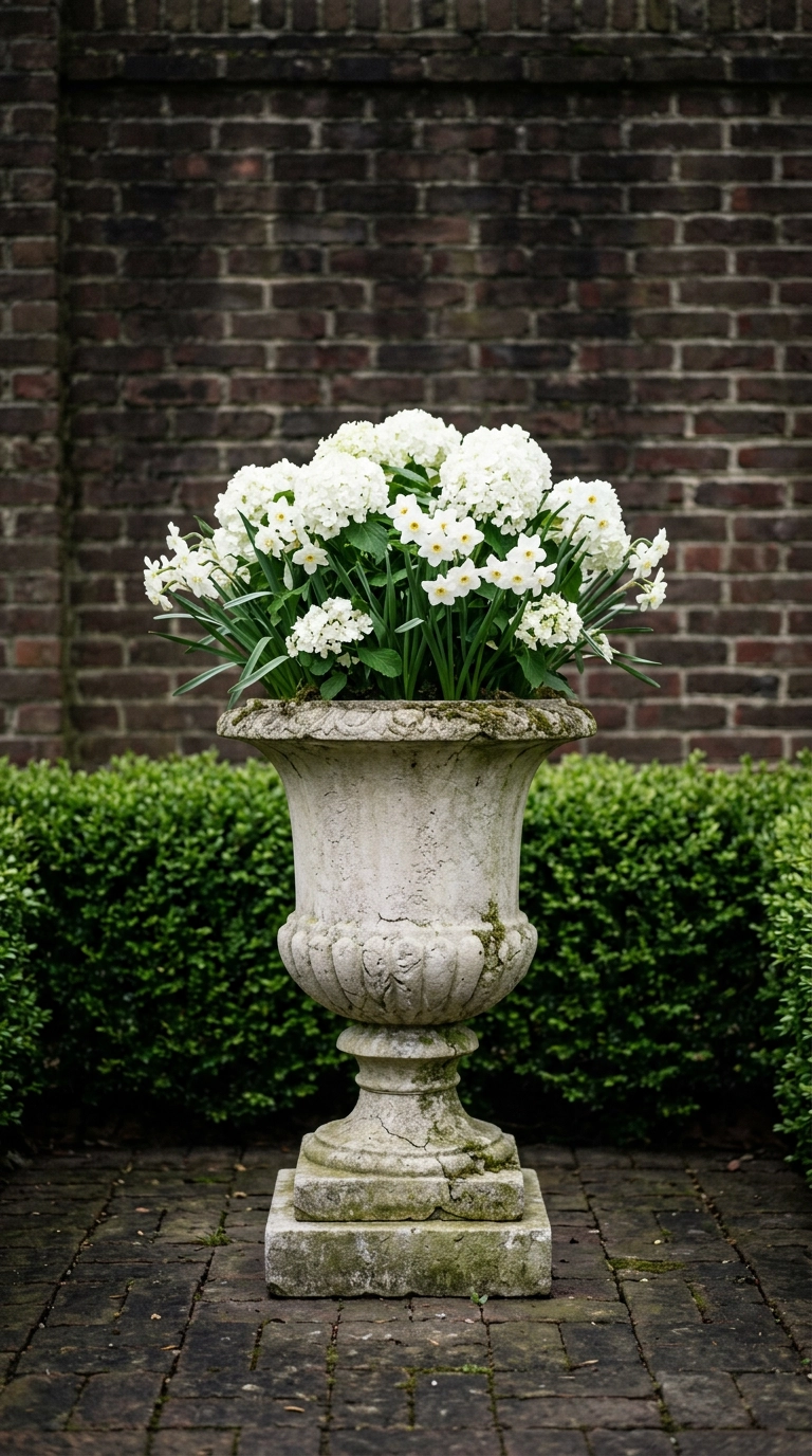 Single oversized cast stone urn on a plinth planted with white spring flowers against a brick wall