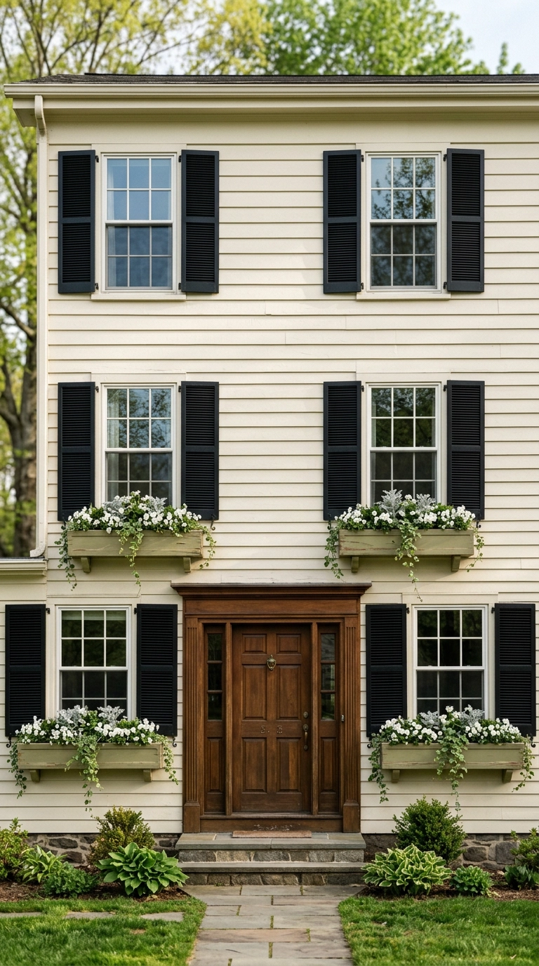 Olive painted window boxes with white violas mounted under double-hung windows on cream siding