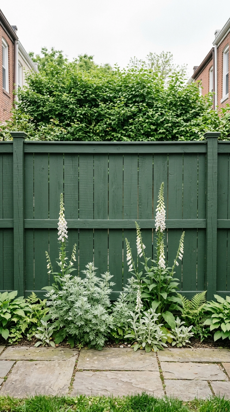 Deep forest green painted fence panels behind white foxglove and silver foliage planting