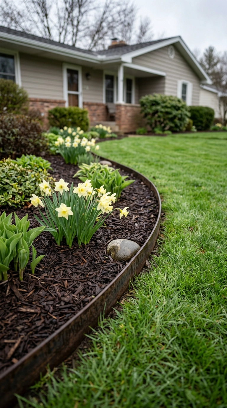 Thin dark steel garden edging creating a crisp curved line between lawn and mulched spring bed