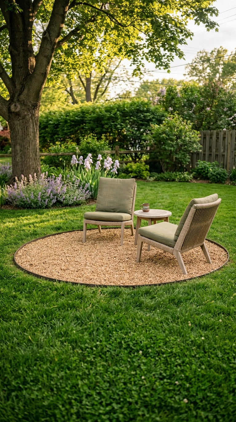 Circular pea gravel seating nook with two rope lounge chairs surrounded by spring lawn