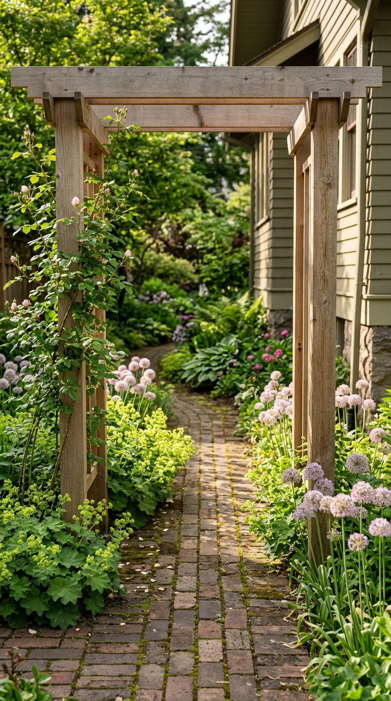 Square cedar arbor arch framing a brick garden path with alliums and climbing roses