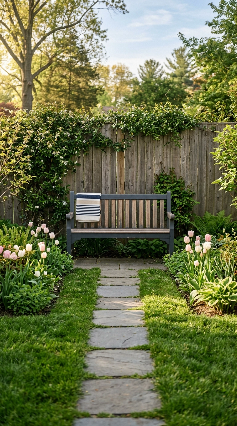 Charcoal slatted garden bench at the end of a stone path with spring border planting