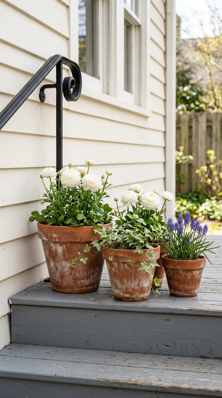 Three graduated terracotta pots with white spring flowers beside painted back porch steps