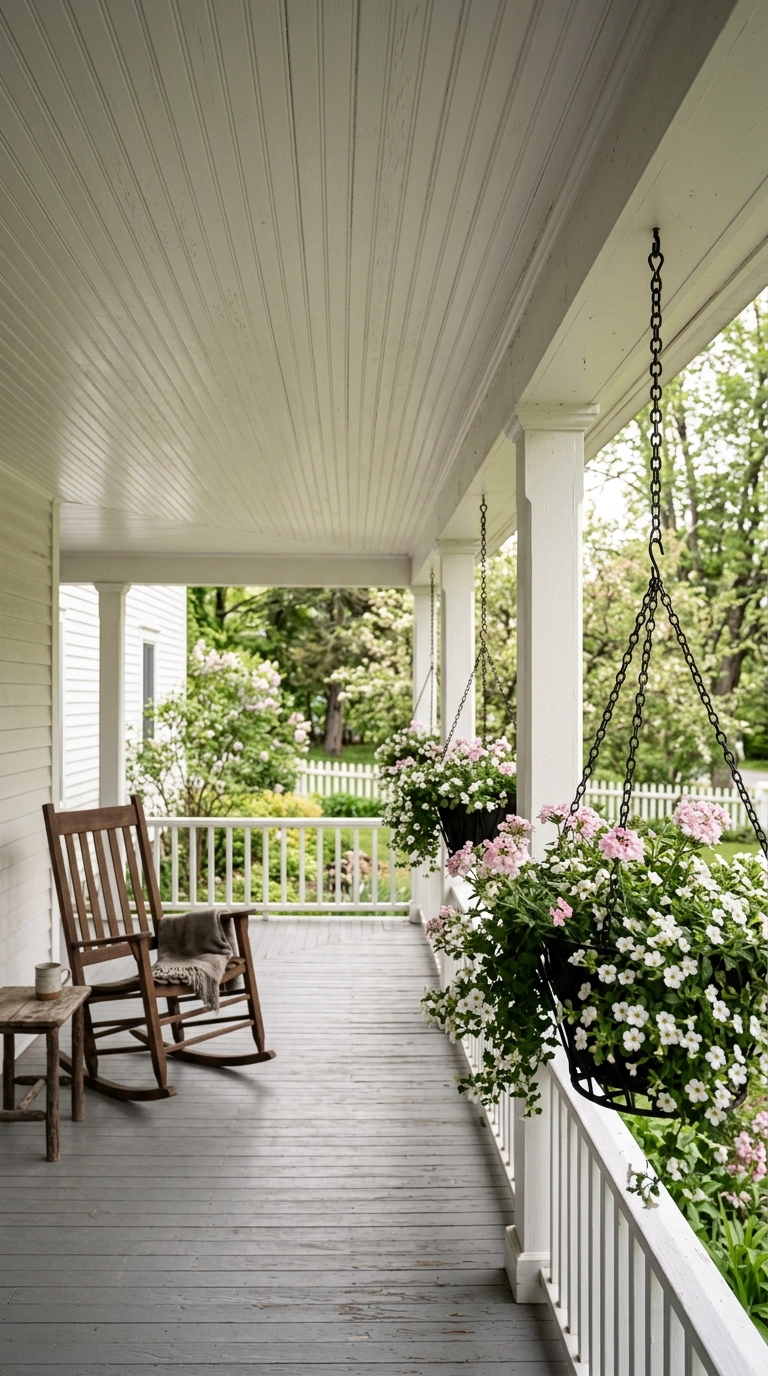 Two black hanging baskets with white and pink spring flowers mounted high on a farmhouse porch beam