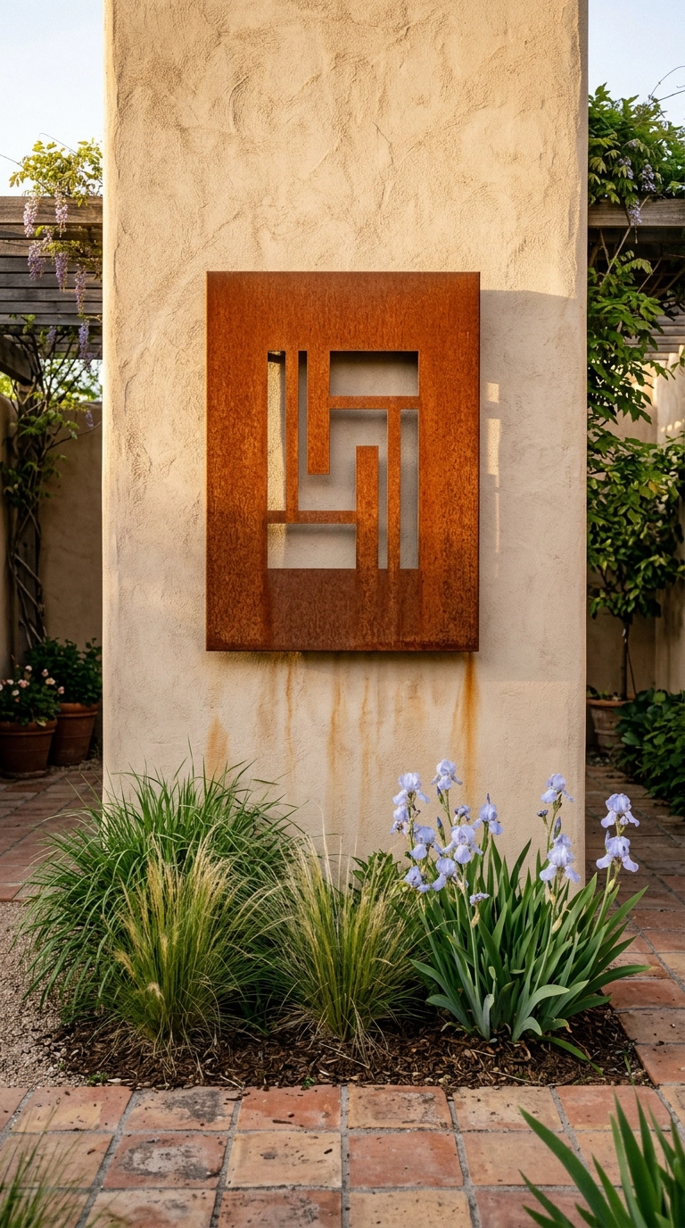 Rusted corten steel abstract wall sculpture mounted on a pale stucco courtyard garden wall