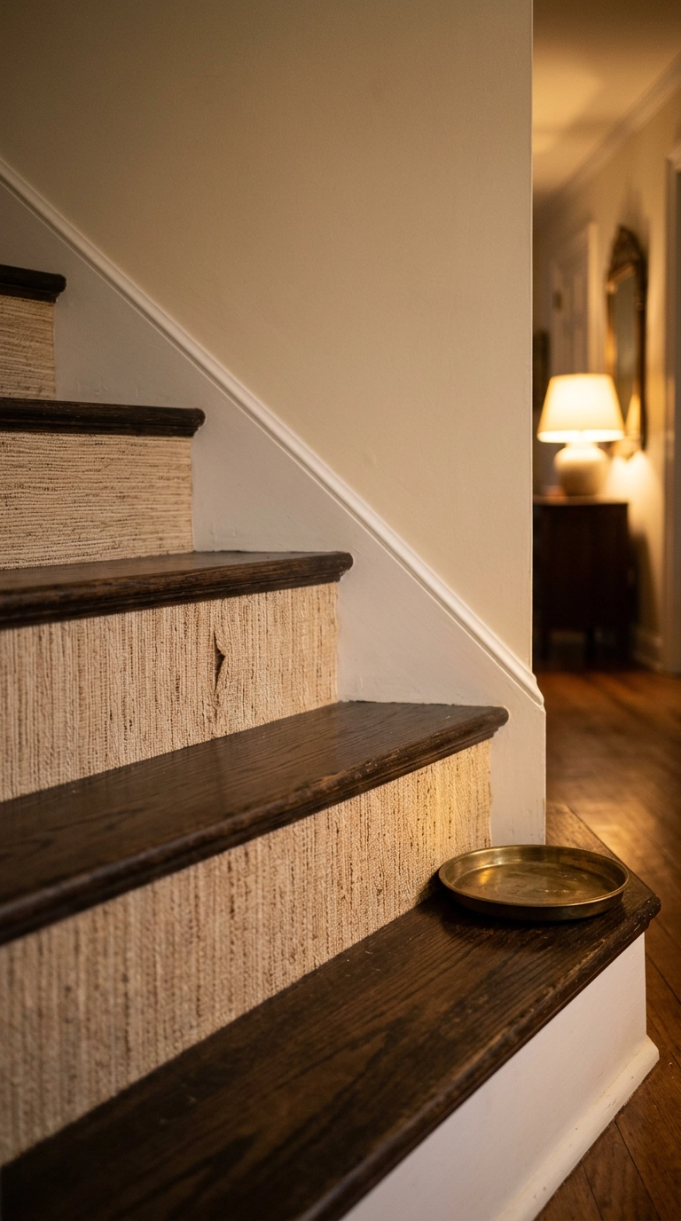 Stair risers wrapped in wheat-toned grasscloth-look textured wallpaper