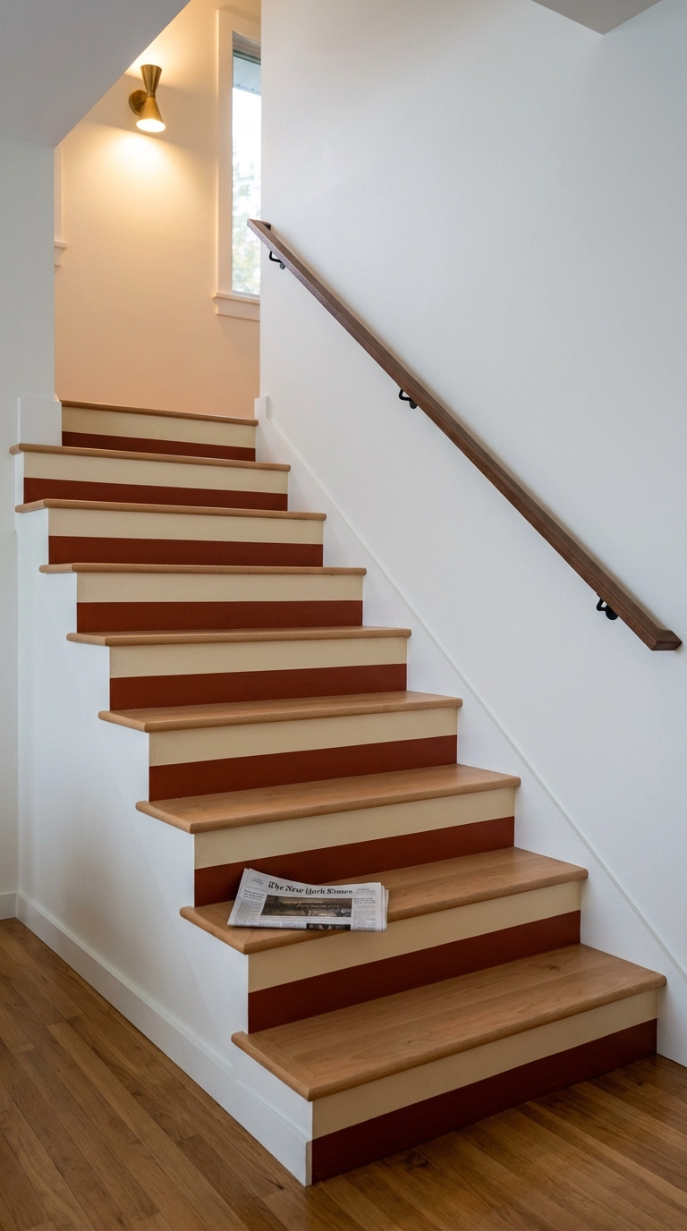 Stair risers painted half warm cream on top and deep rust on the bottom