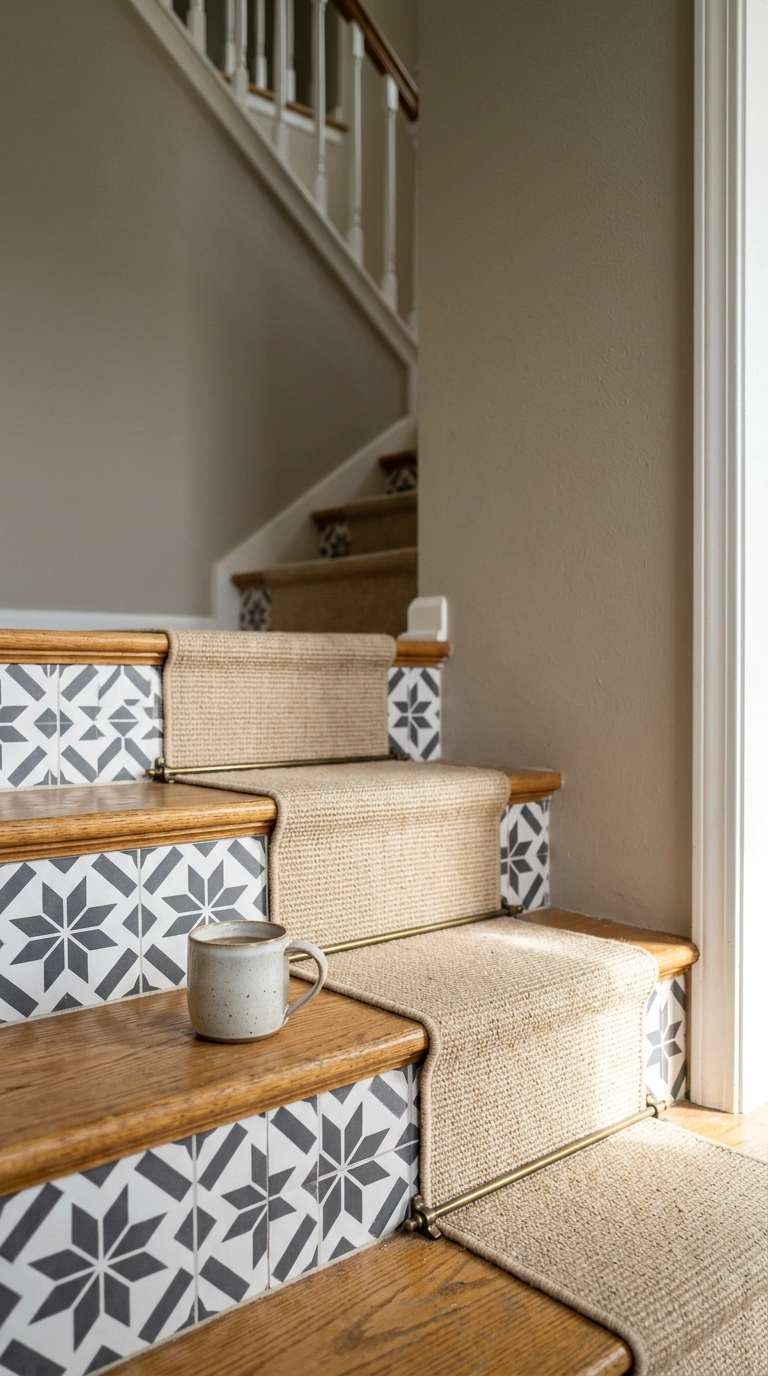 Three stair risers covered in charcoal and white geometric peel-and-stick tile decals with oak treads