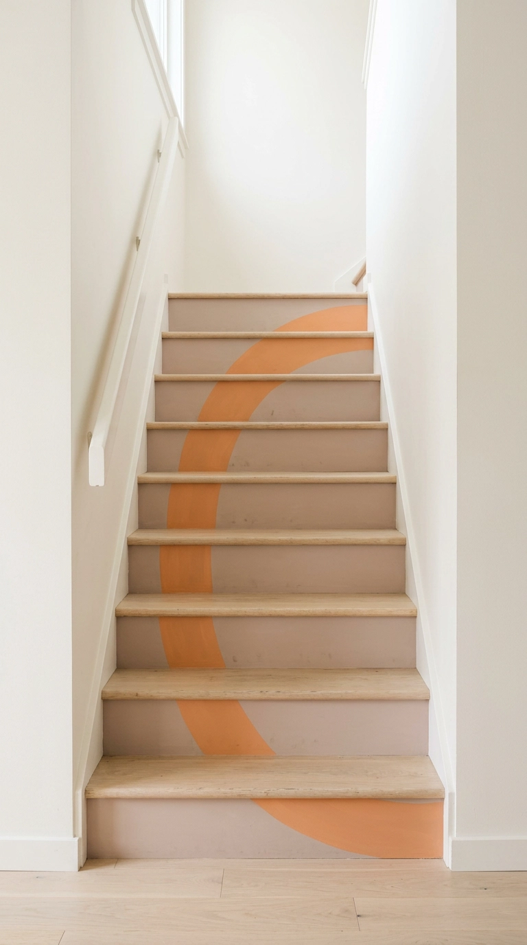 A single apricot arc painted continuously across all the stair risers of one flight