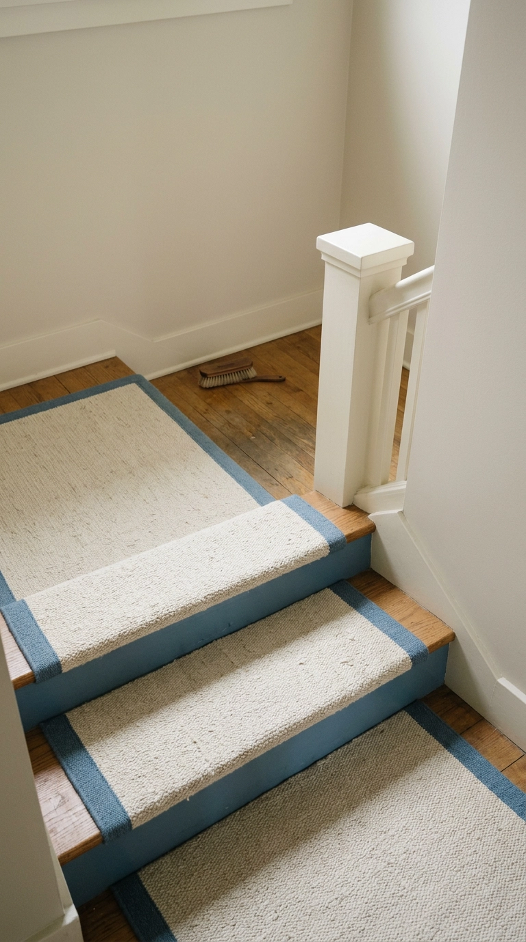Muted denim blue stair risers matched to the narrow border of a cream wool stair runner