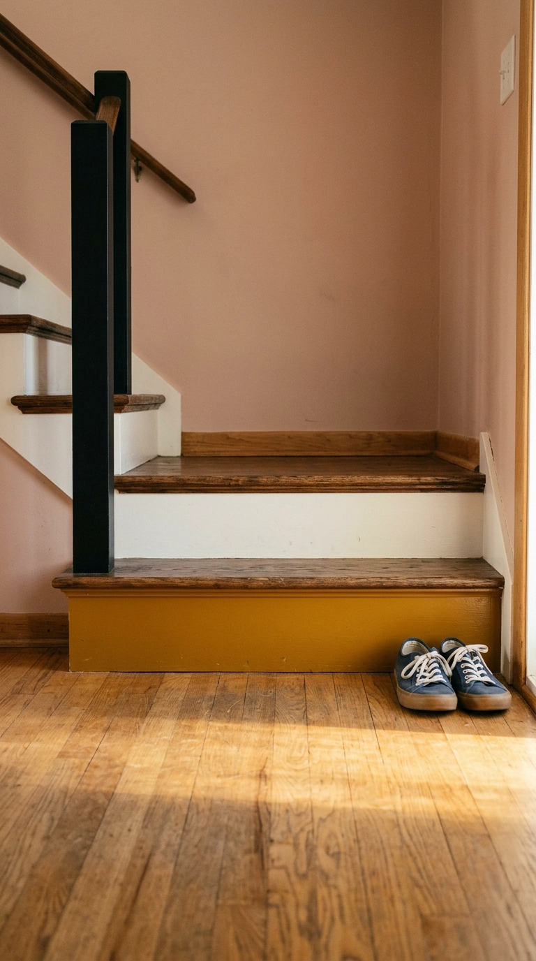 Bottom stair riser painted deep mustard ochre while the risers above stay white